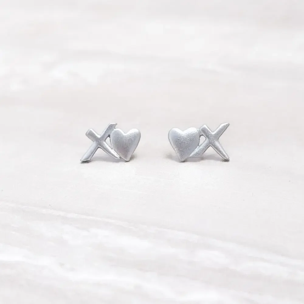 Kiss and Heart Stud Earrings Silver Tone